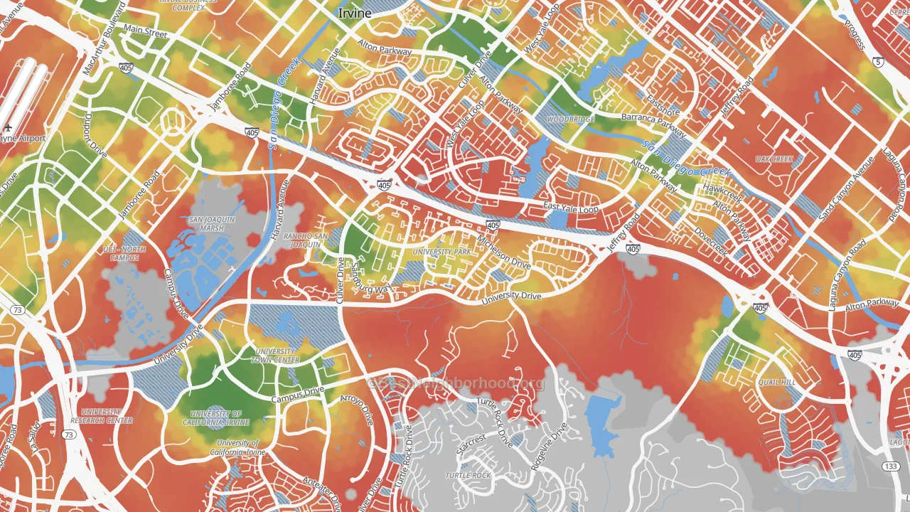 Walk Grade map of University Park, Irvine, CA, walkable areas in green and car-dependent areas in red