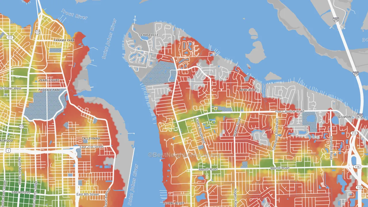 Walk Grade map of University Park-Jacksonville, Jacksonville, FL, walkable areas in green and car-dependent areas in red