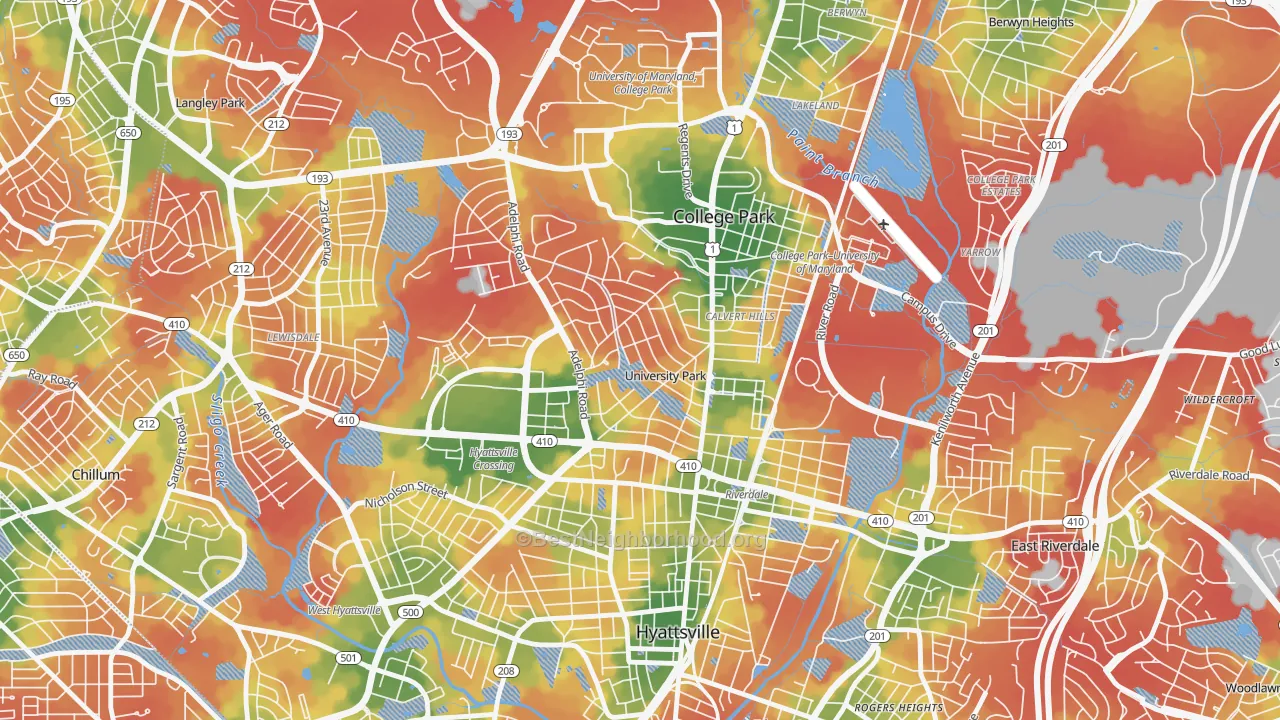 Walk Grade map of University Park, MD, walkable areas in green and car-dependent areas in red