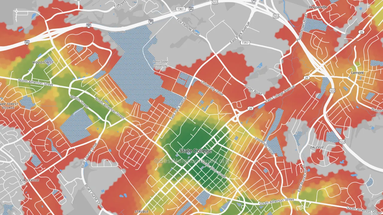 Walk Grade map of University Park, PA, walkable areas in green and car-dependent areas in red
