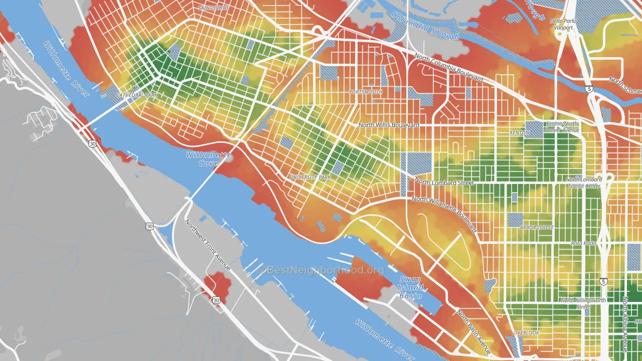 Walk Grade map of University Park, Portland, OR, walkable areas in green and car-dependent areas in red