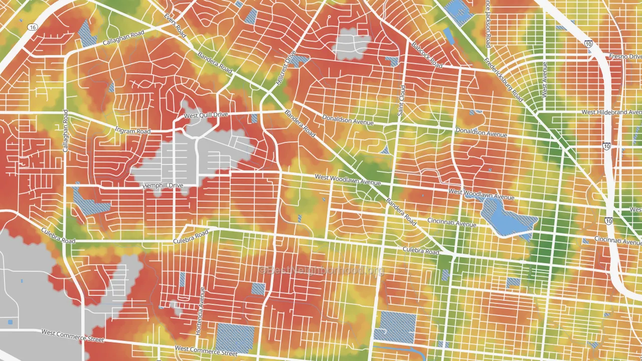 Walk Grade map of University Park-San Antonio, San Antonio, TX, walkable areas in green and car-dependent areas in red