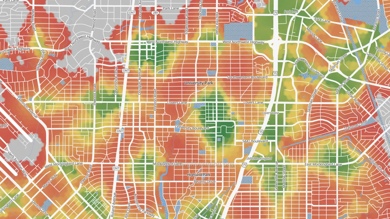 Walk Grade map of University Park, TX, walkable areas in green and car-dependent areas in red