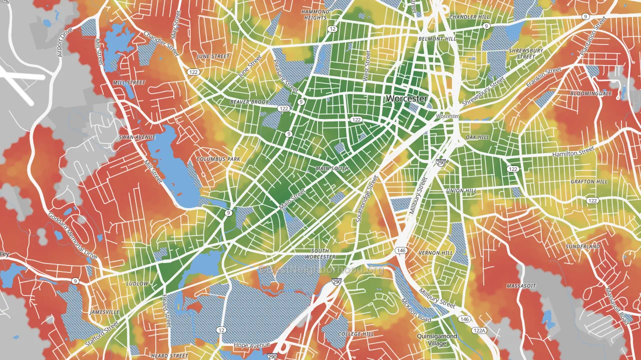 Walk Grade map of University Park, Worcester, MA, walkable areas in green and car-dependent areas in red