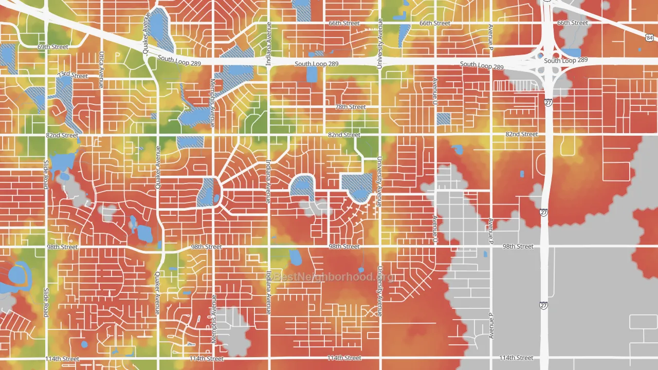Walk Grade map of University Pines, Lubbock, TX, walkable areas in green and car-dependent areas in red