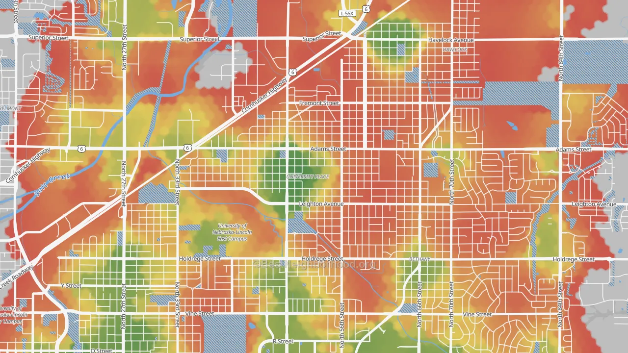 Walk Grade map of University Place, Lincoln, NE, walkable areas in green and car-dependent areas in red