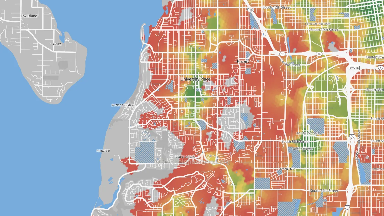 Walk Grade map of University Place, WA, walkable areas in green and car-dependent areas in red