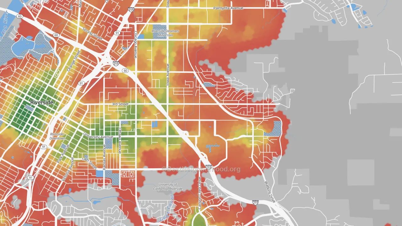 Walk Grade map of University, Riverside, CA, walkable areas in green and car-dependent areas in red