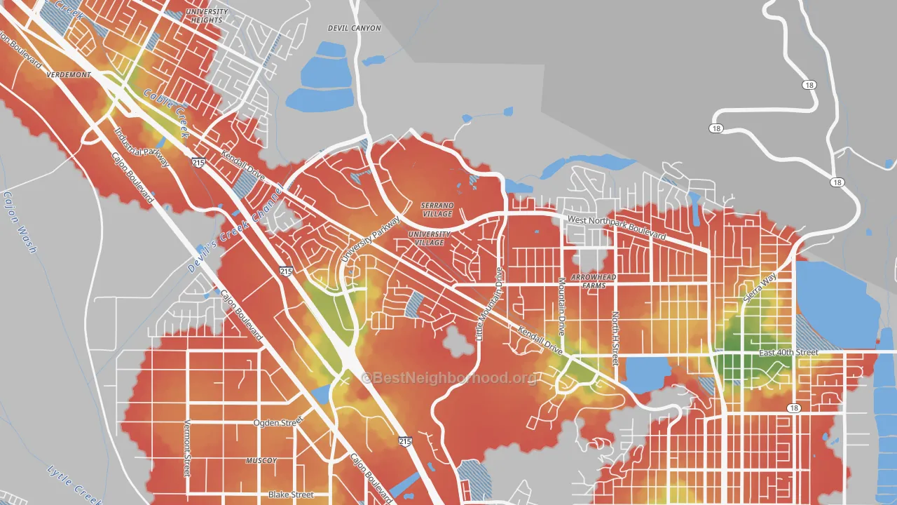 Walk Grade map of University-San Bernardino, San Bernardino, CA, walkable areas in green and car-dependent areas in red