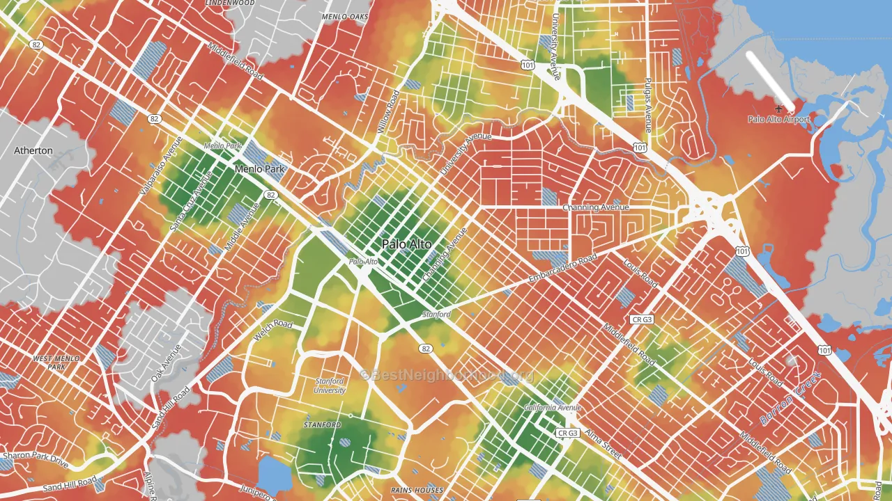 Walk Grade map of University South, Palo Alto, CA, walkable areas in green and car-dependent areas in red