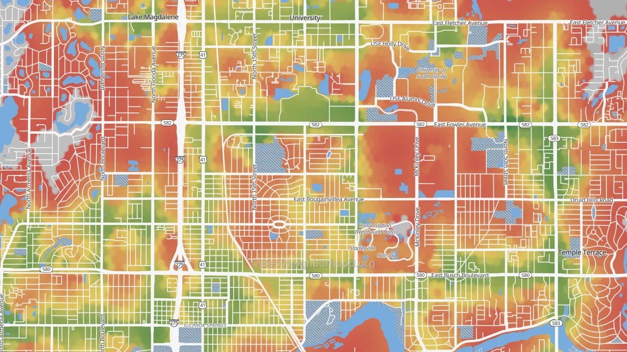 Walk Grade map of University Square, Tampa, FL, walkable areas in green and car-dependent areas in red