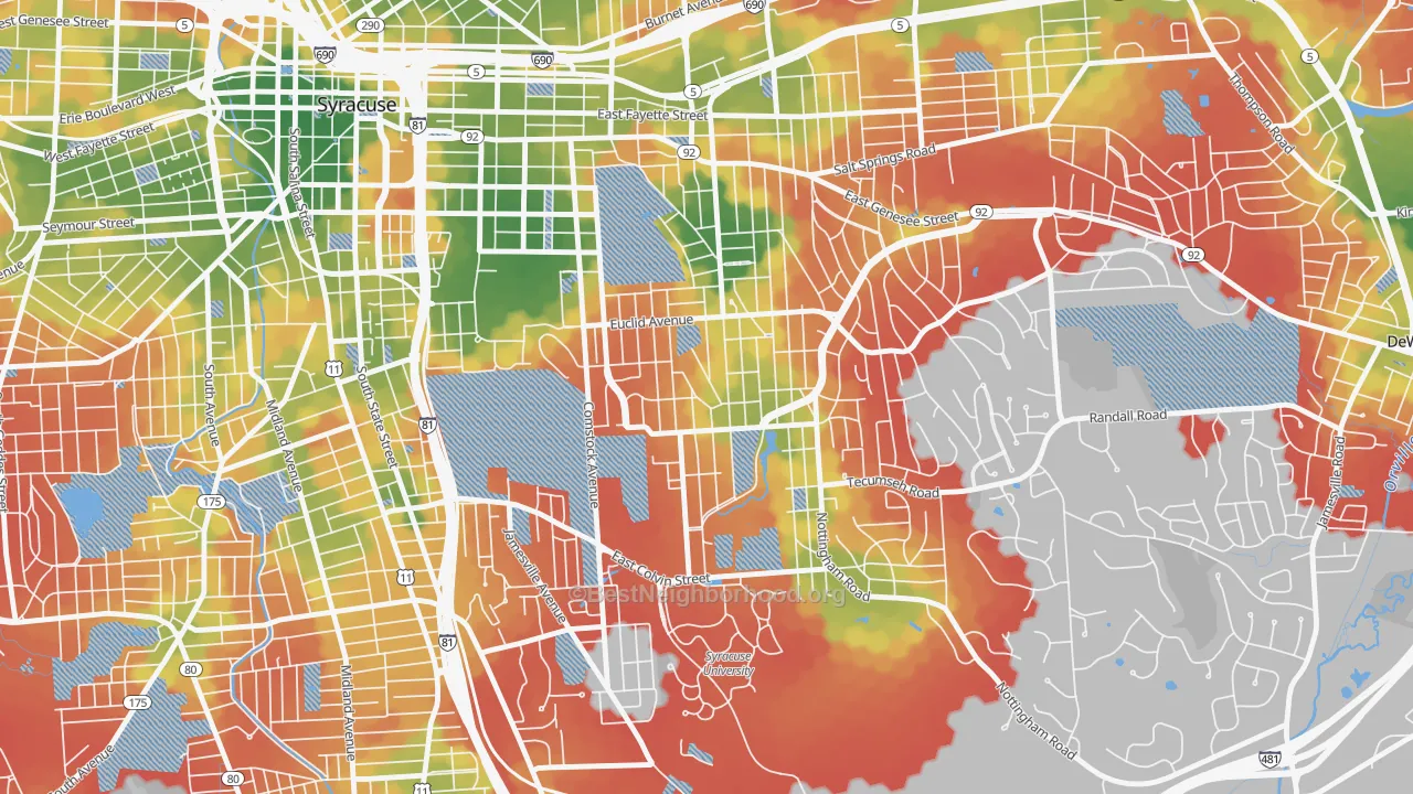 Walk Grade map of University-Syracuse, Syracuse, NY, walkable areas in green and car-dependent areas in red