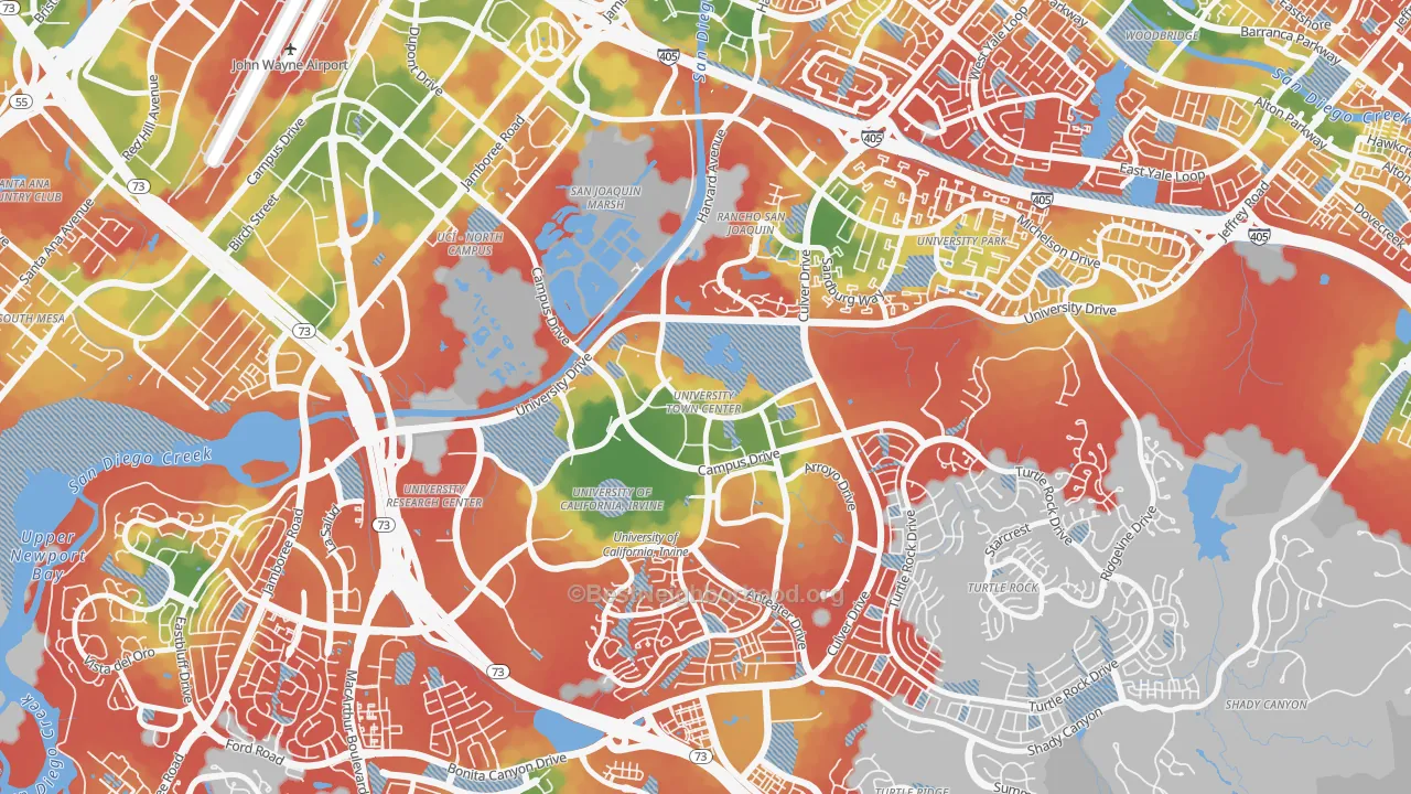 Walk Grade map of University Town Center, Irvine, CA, walkable areas in green and car-dependent areas in red