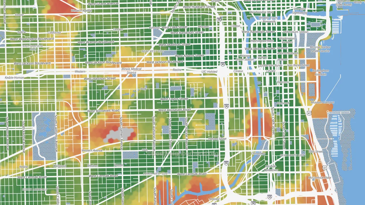 Walk Grade map of University Village, Chicago, IL, walkable areas in green and car-dependent areas in red