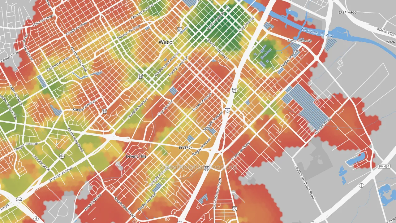 Walk Grade map of University, Waco, TX, walkable areas in green and car-dependent areas in red