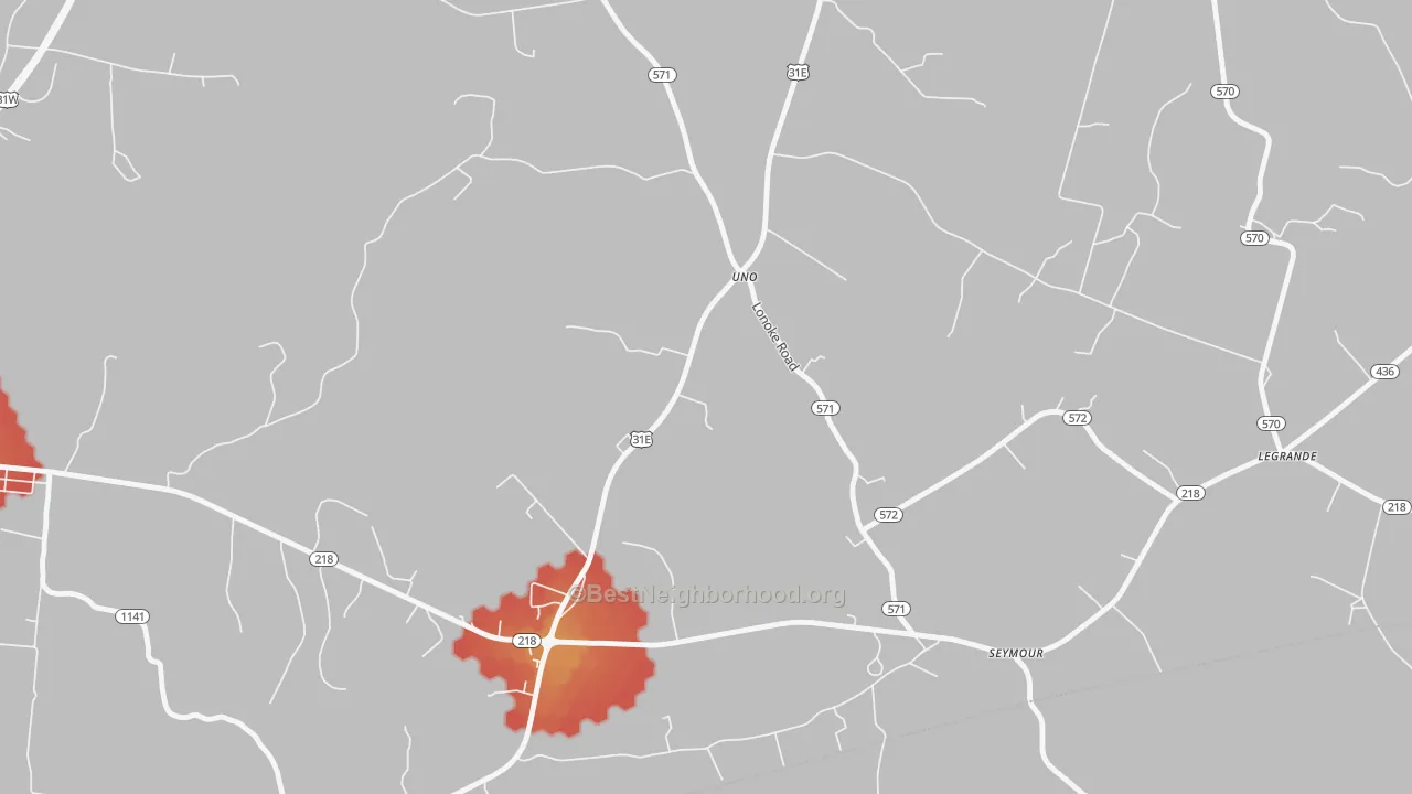 Walk Grade map of Uno, KY, walkable areas in green and car-dependent areas in red