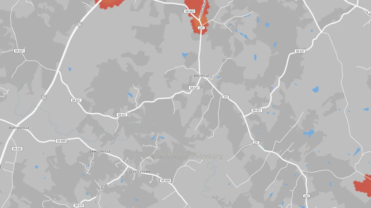 Walk Grade map of Uno, VA, walkable areas in green and car-dependent areas in red