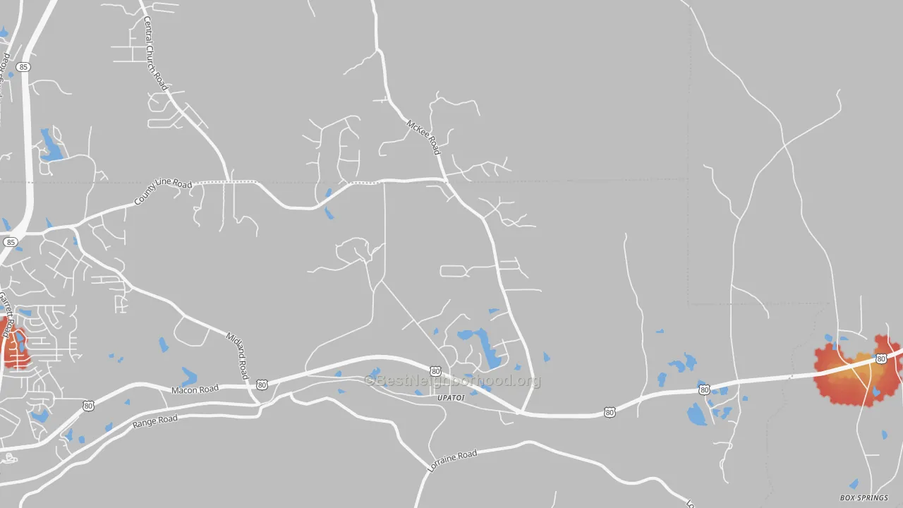 Walk Grade map of Upatoi, GA, walkable areas in green and car-dependent areas in red