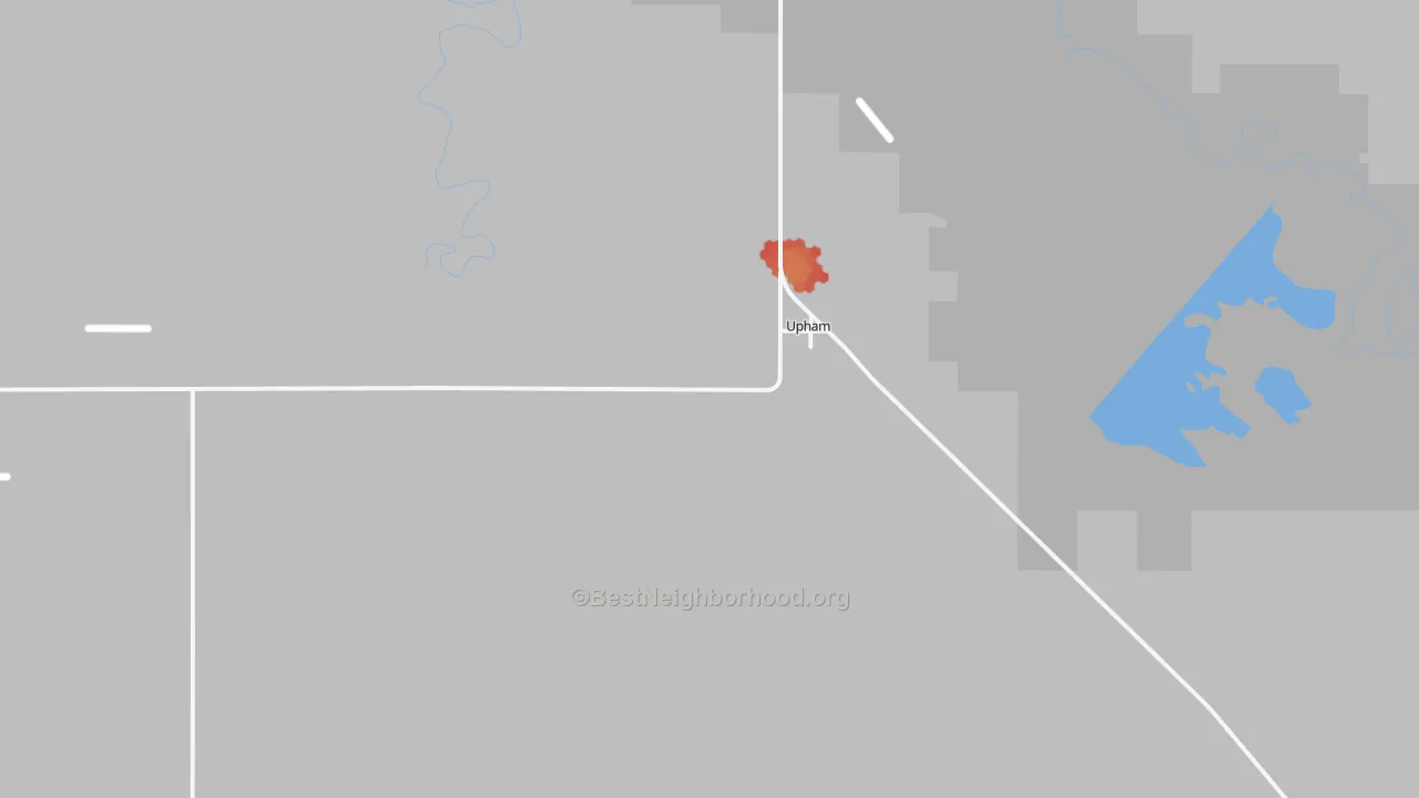 Walk Grade map of Upham, ND, walkable areas in green and car-dependent areas in red