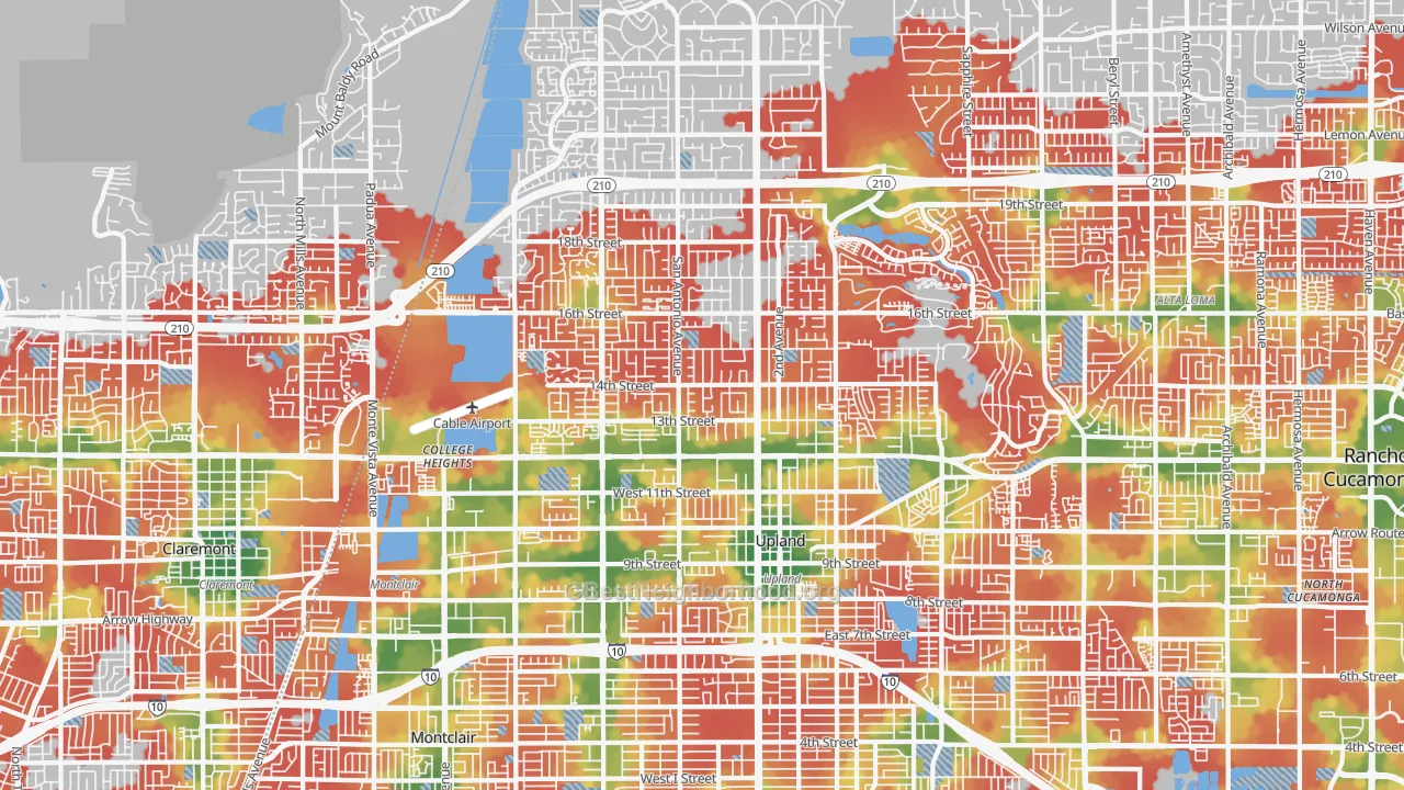 Walk Grade map of Upland, CA, walkable areas in green and car-dependent areas in red