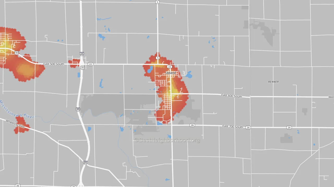 Walk Grade map of Upland, IN, walkable areas in green and car-dependent areas in red