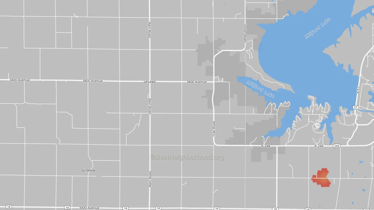 Walk Grade map of Upland, KS, walkable areas in green and car-dependent areas in red