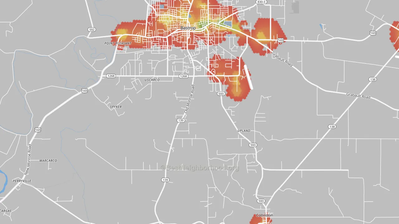 Walk Grade map of Upland, LA, walkable areas in green and car-dependent areas in red