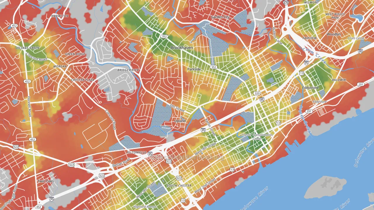 Walk Grade map of Upland, PA, walkable areas in green and car-dependent areas in red
