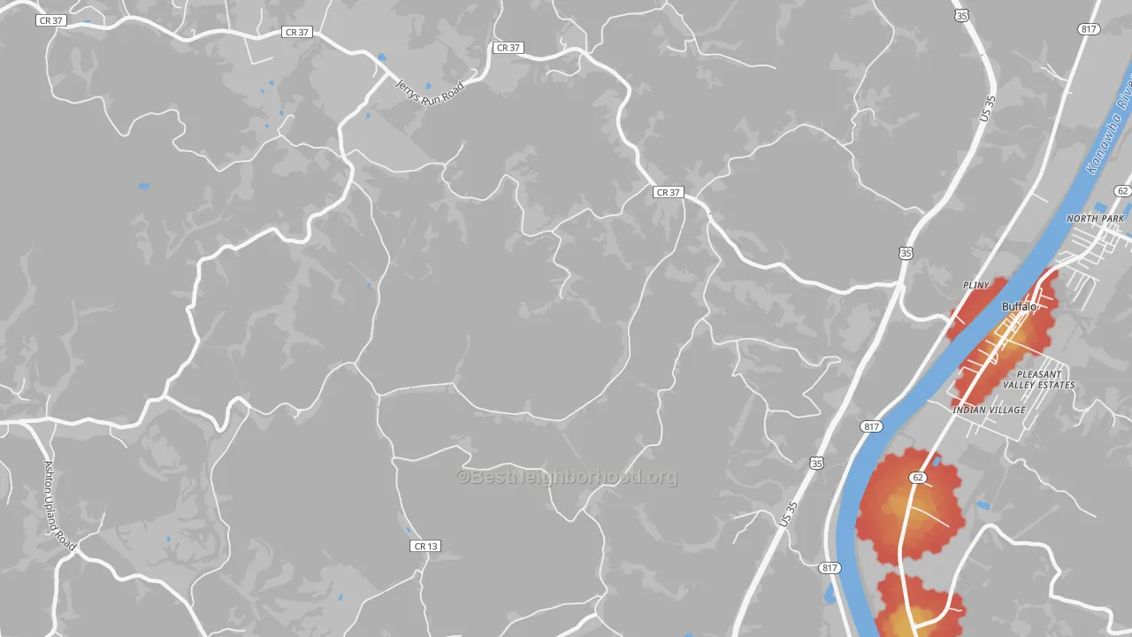 Walk Grade map of Upland, WV, walkable areas in green and car-dependent areas in red