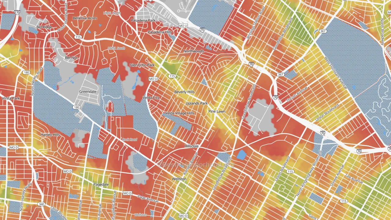 Walk Grade map of Uplands Park, MO, walkable areas in green and car-dependent areas in red