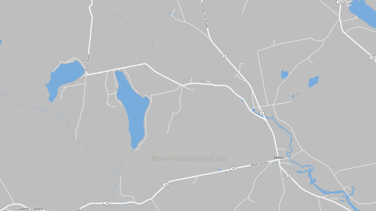 Walk Grade map of Upper Abbot, ME, walkable areas in green and car-dependent areas in red
