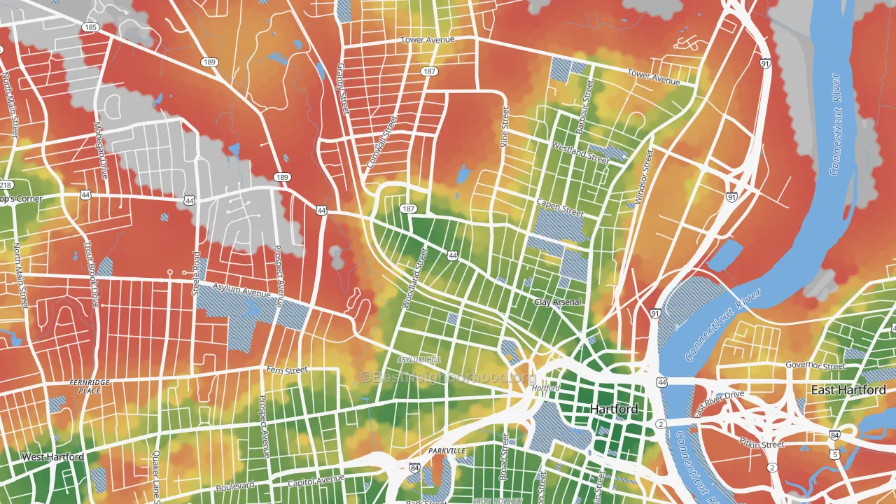 Walk Grade map of Upper Albany, Hartford, CT, walkable areas in green and car-dependent areas in red
