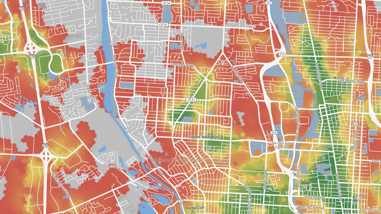 Walk Grade map of Upper Arlington, OH, walkable areas in green and car-dependent areas in red