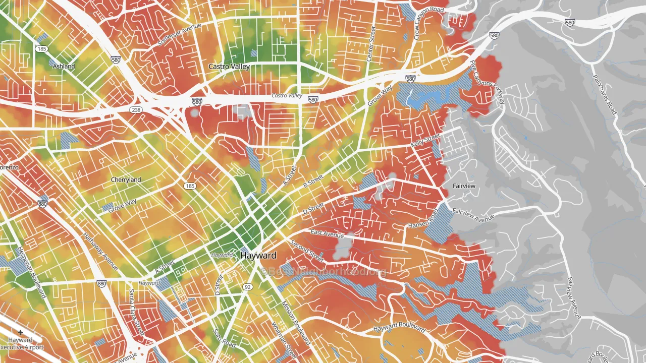 Walk Grade map of Upper B Street, Hayward, CA, walkable areas in green and car-dependent areas in red