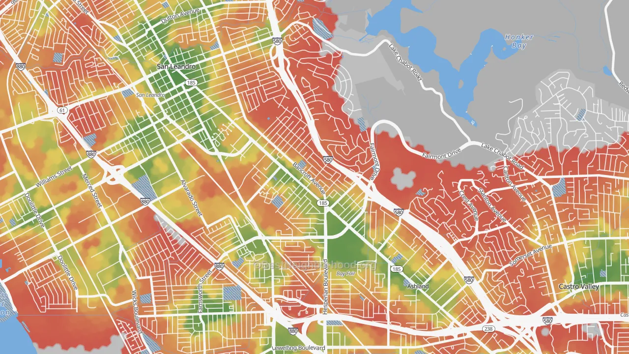 Walk Grade map of Upper Bal, San Leandro, CA, walkable areas in green and car-dependent areas in red