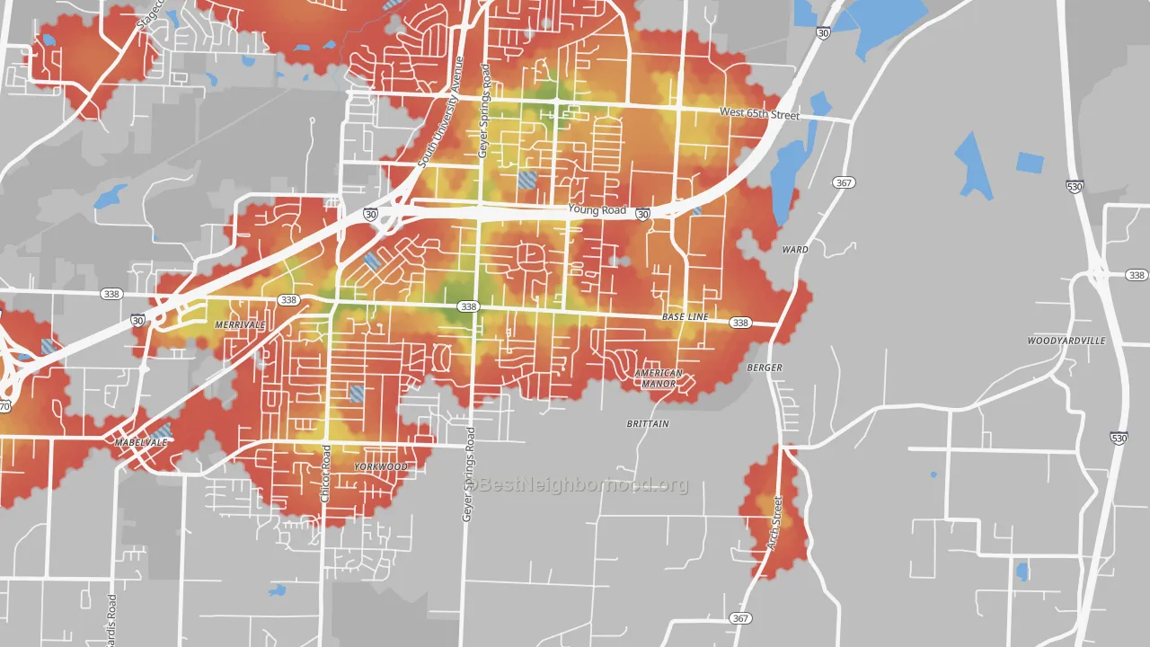 Walk Grade map of Upper Baseline, Little Rock, AR, walkable areas in green and car-dependent areas in red