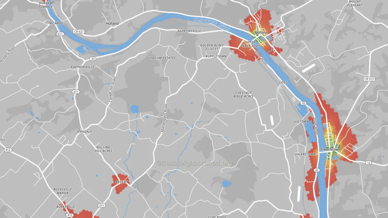 Walk Grade map of Upper Black Eddy, PA, walkable areas in green and car-dependent areas in red