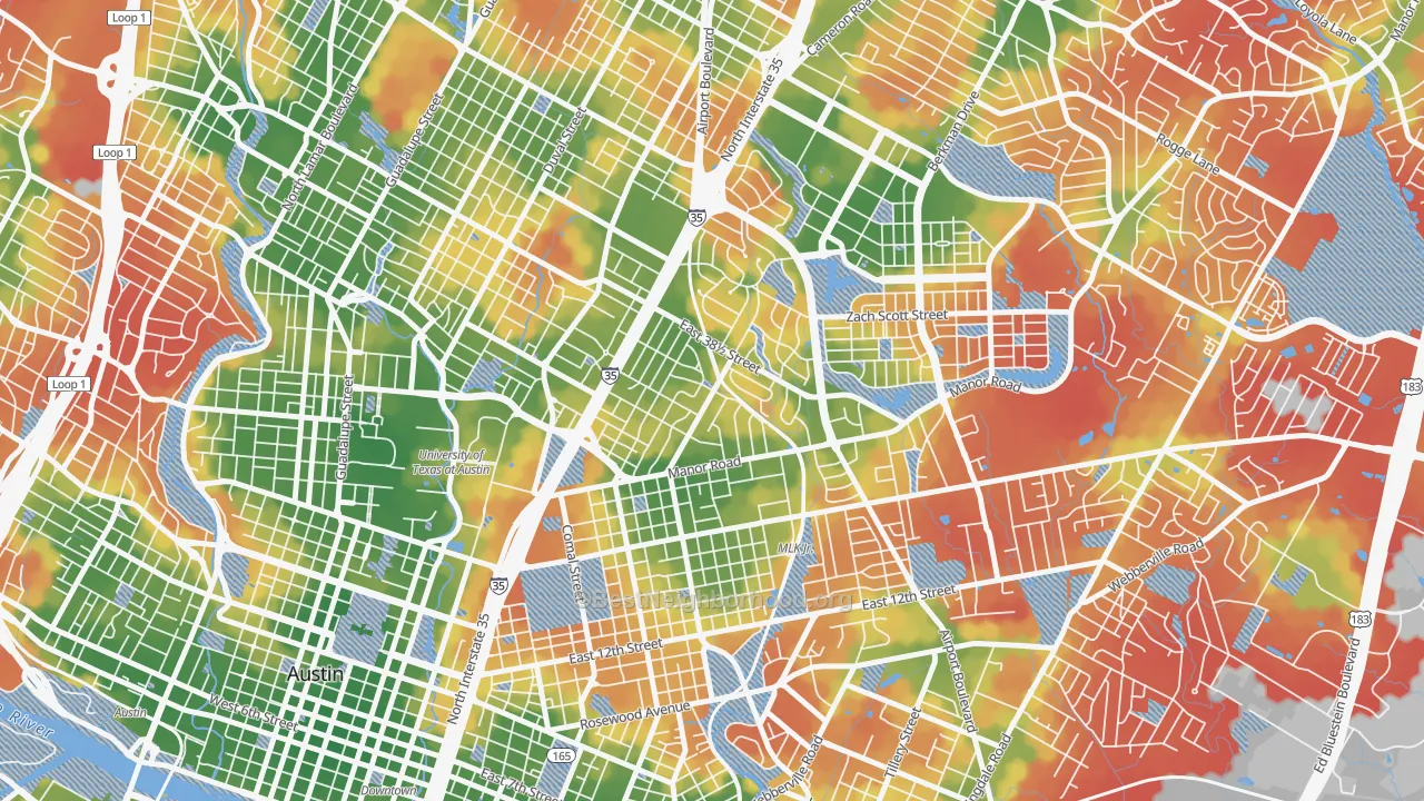 Walk Grade map of Upper Boggy Creek, Austin, TX, walkable areas in green and car-dependent areas in red
