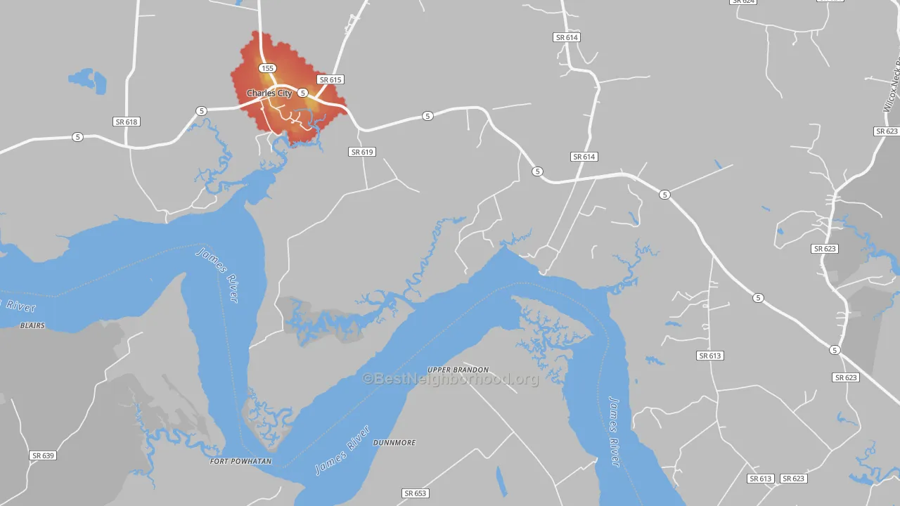 Walk Grade map of Upper Brandon, VA, walkable areas in green and car-dependent areas in red