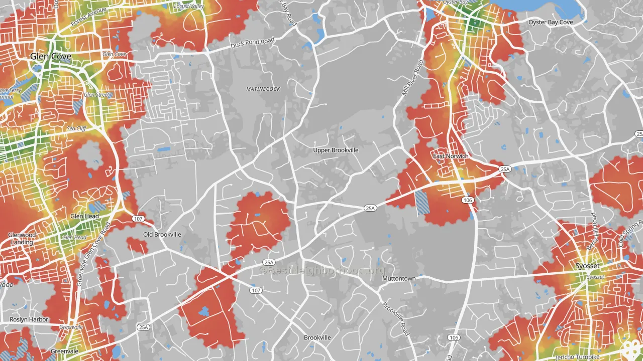 Walk Grade map of Upper Brookville, NY, walkable areas in green and car-dependent areas in red