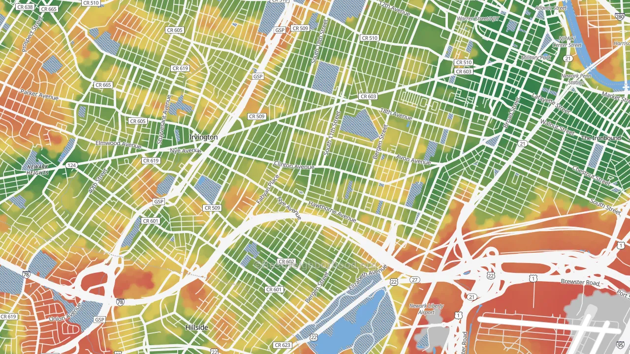 Walk Grade map of Upper Clinton Hill, Newark, NJ, walkable areas in green and car-dependent areas in red