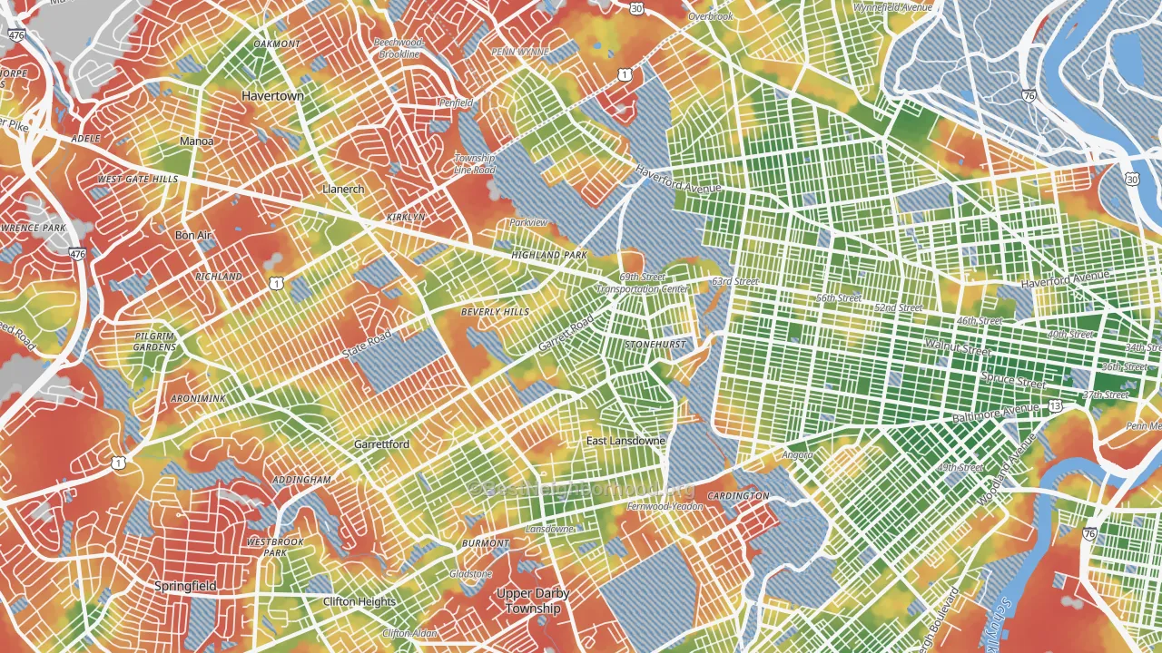 Walk Grade map of Upper Darby, PA, walkable areas in green and car-dependent areas in red