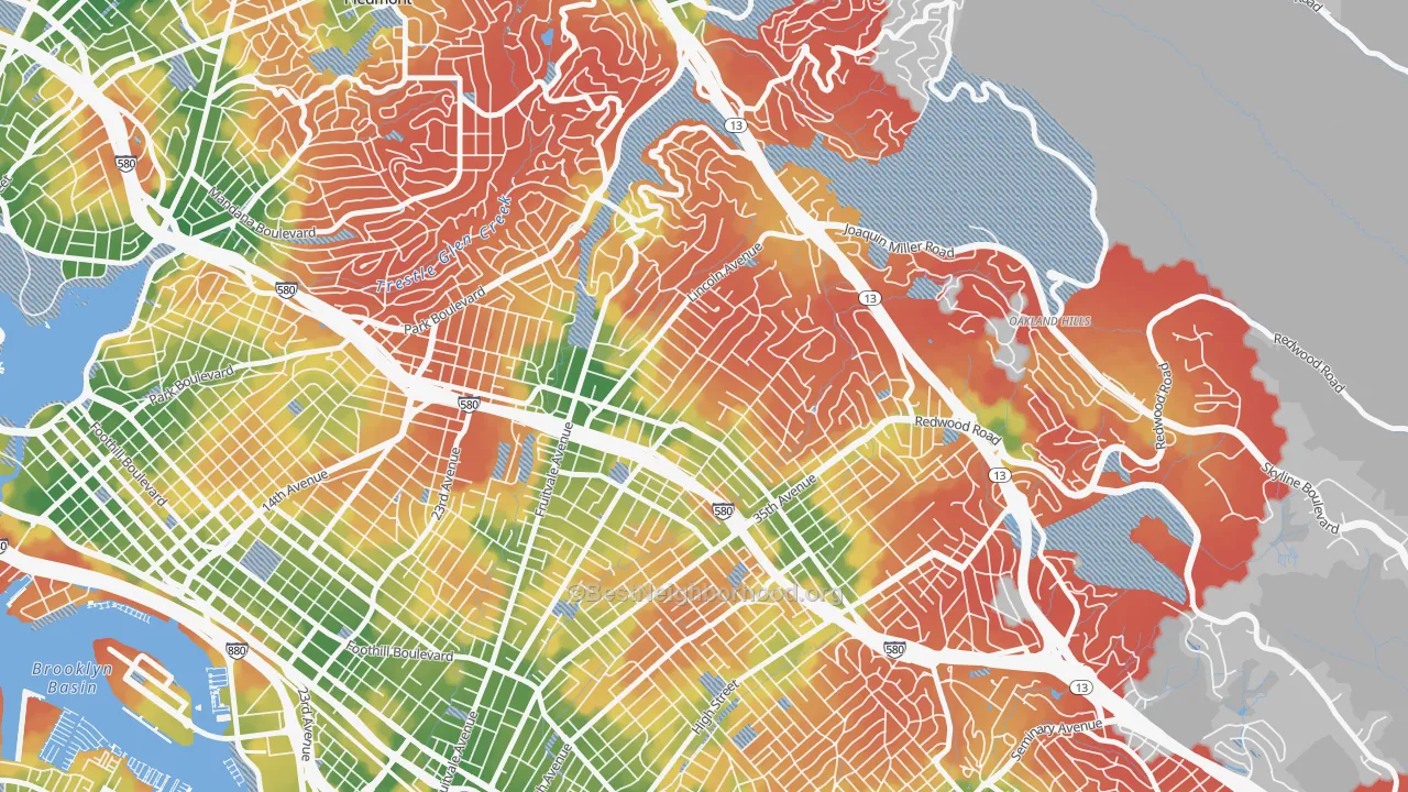 Walk Grade map of Upper Dimond, Oakland, CA, walkable areas in green and car-dependent areas in red