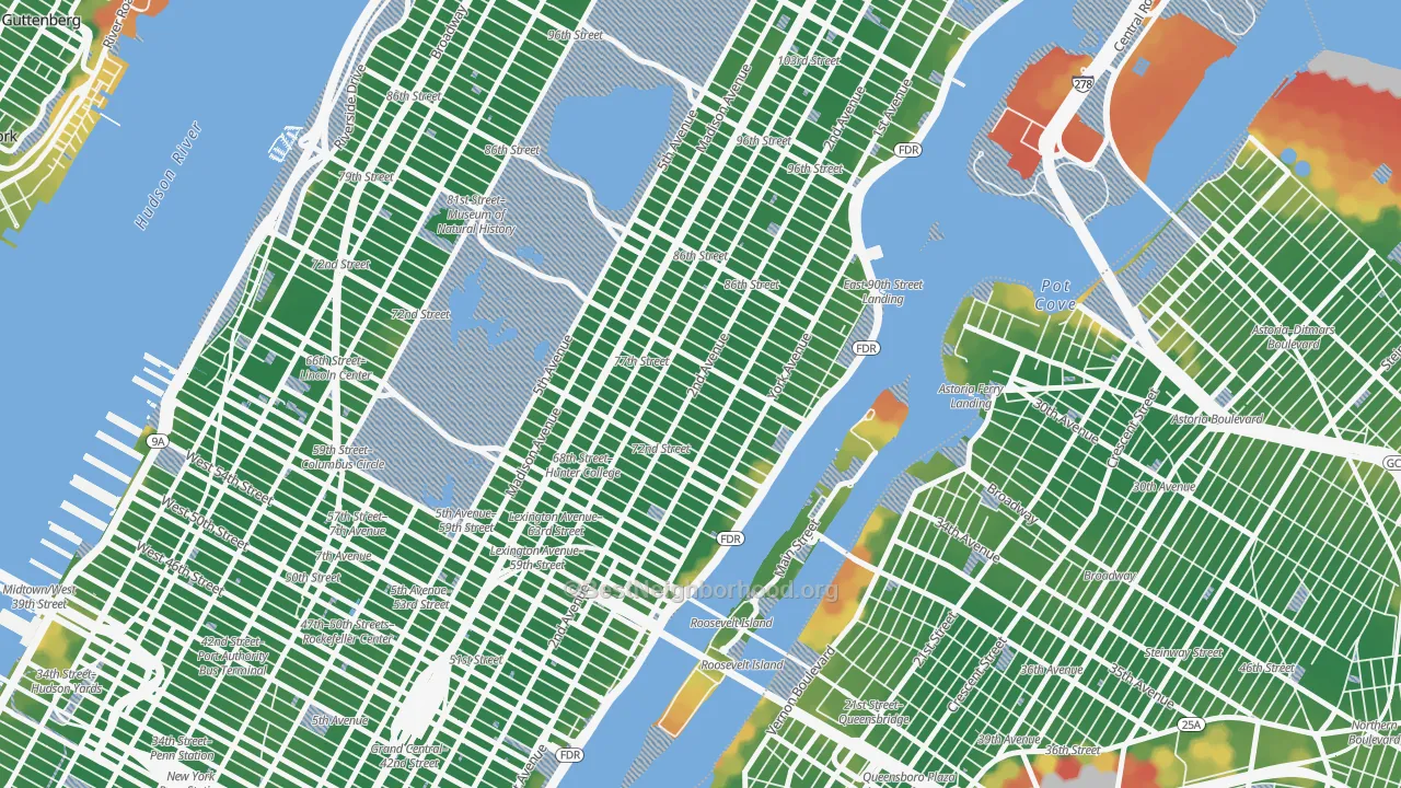 Walk Grade map of Upper East Side, Manhattan, NY, walkable areas in green and car-dependent areas in red