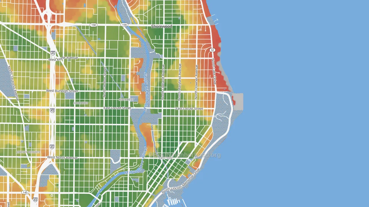 Walk Grade map of Upper East Side, Milwaukee, WI, walkable areas in green and car-dependent areas in red