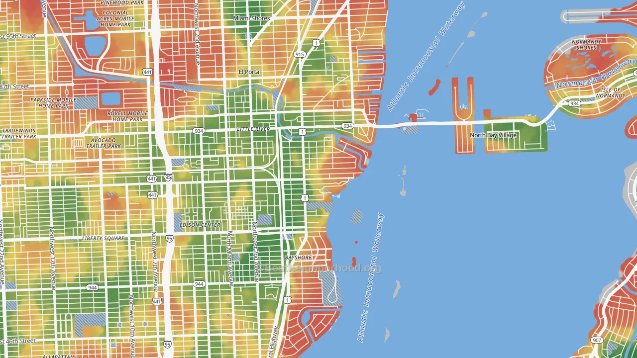 Walk Grade map of Upper Eastside, Miami, FL, walkable areas in green and car-dependent areas in red