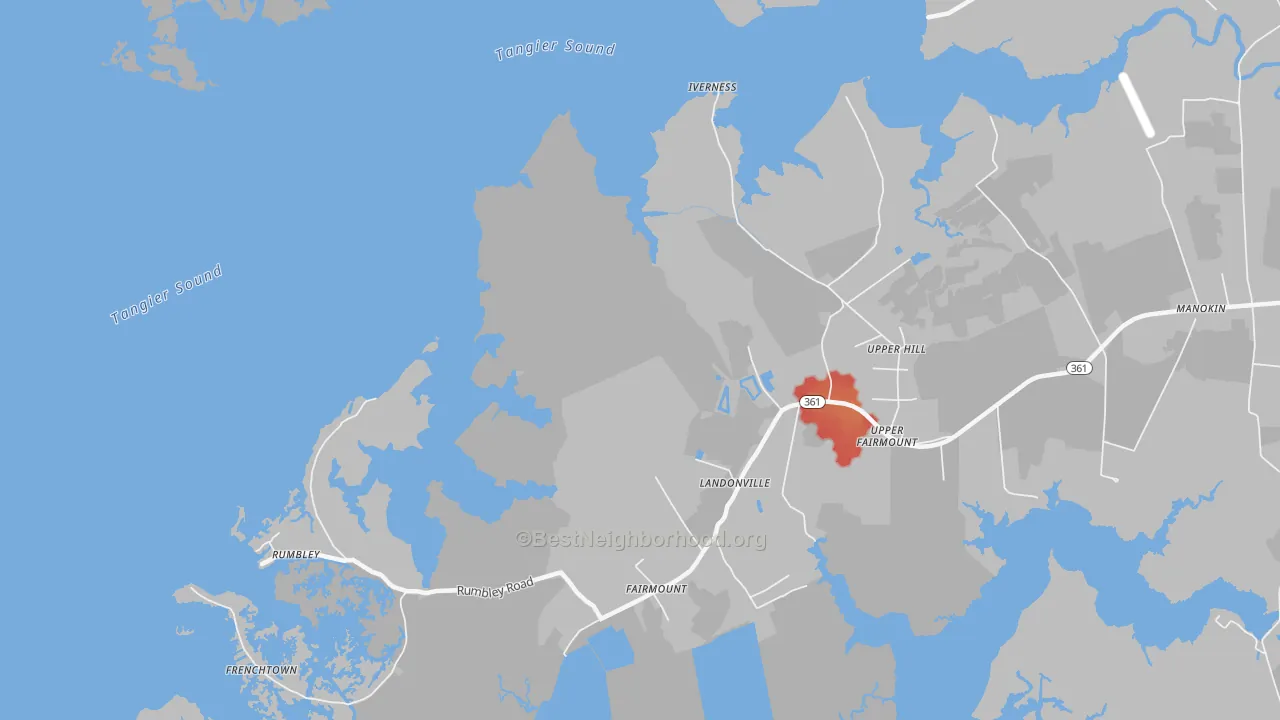 Walk Grade map of Upper Fairmount, MD, walkable areas in green and car-dependent areas in red