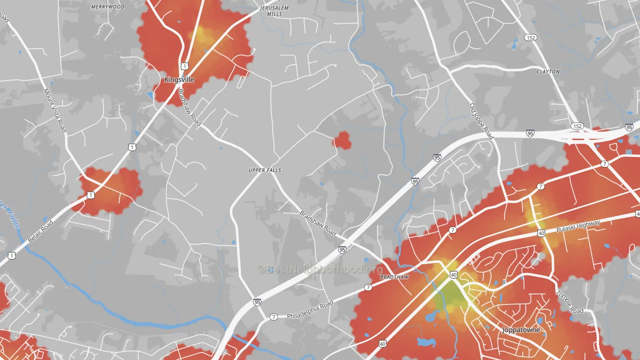 Walk Grade map of Upper Falls, MD, walkable areas in green and car-dependent areas in red