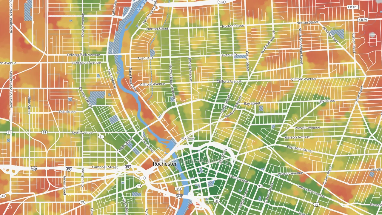 Walk Grade map of Upper Falls, Rochester, NY, walkable areas in green and car-dependent areas in red
