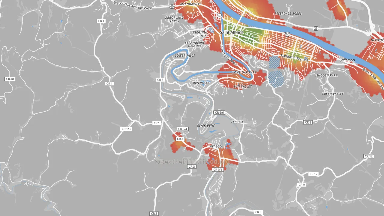 Walk Grade map of Upper Falls, WV, walkable areas in green and car-dependent areas in red